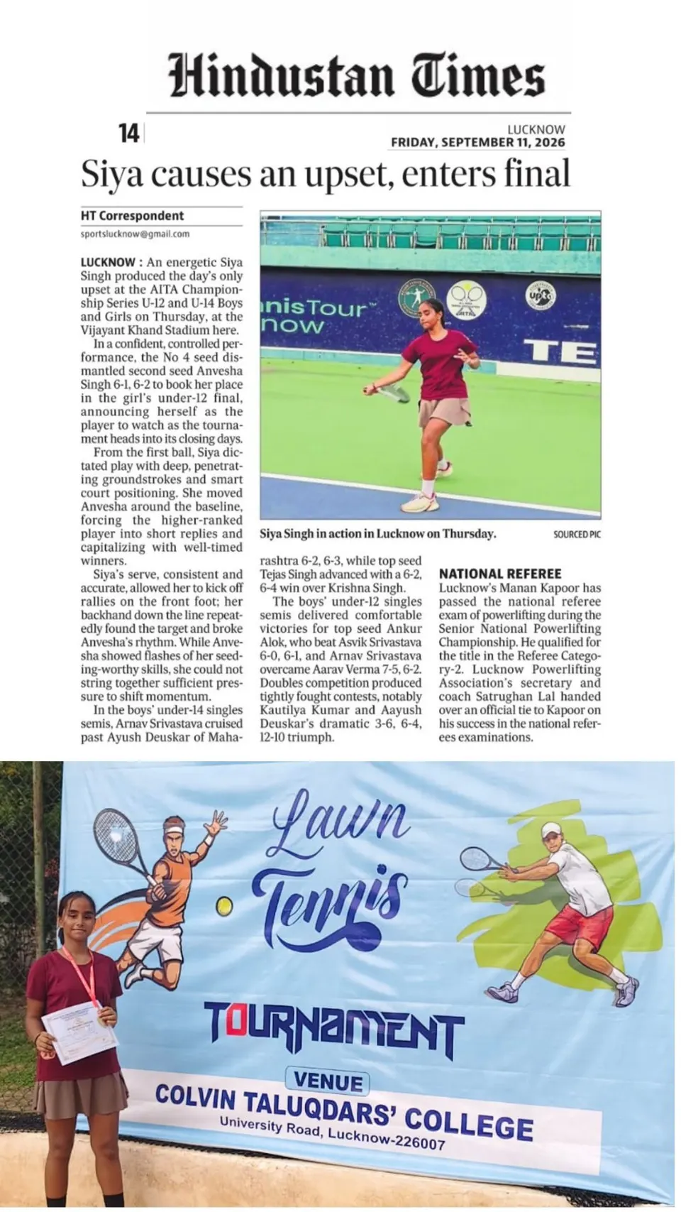 Newspaper clipping: Siya causes an upset, enters final (Hindustan Times, 11 September 2026)